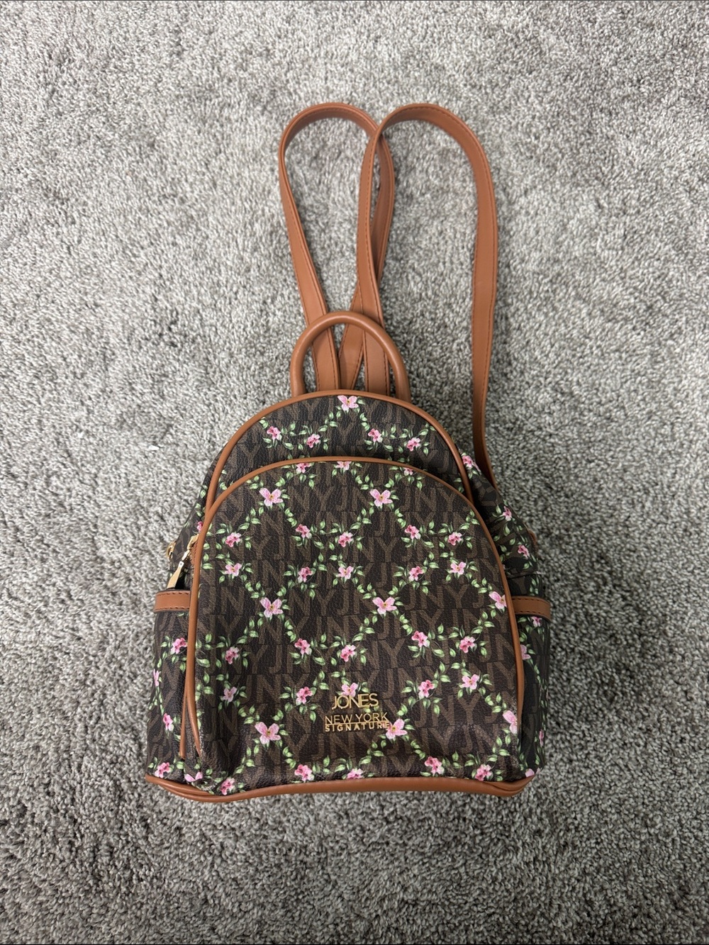 Jones New York Brown Floral Mini Backpack with Pink Accents